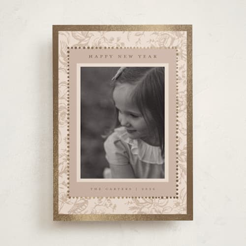 This is a caramel foil pressed holiday cards with foil pressed by Teju Reval called gilded toile printing on recycled smooth signature in standard