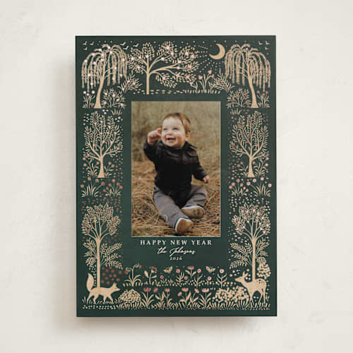 This is a forest foil pressed holiday cards with foil pressed by Sabrin Deirani called forest under the moonlight printing on recycled smooth signature in standard