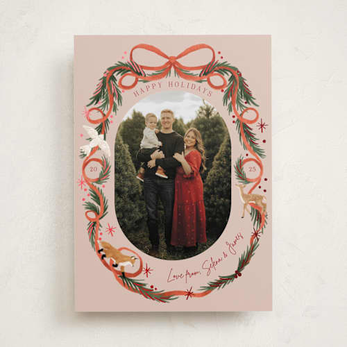 This is a scarlet foil pressed holiday cards with foil pressed by Elly called winter ribbon printing on recycled smooth signature in standard