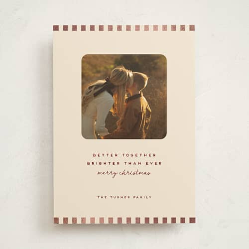 This is a merlot foil pressed holiday cards with foil pressed by Kindred Fields called brighter than ever printing on recycled smooth signature in standard