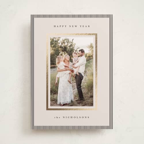 This is a linen foil pressed holiday cards with foil pressed by Kelly Schmidt called striped border printing on recycled smooth signature in standard