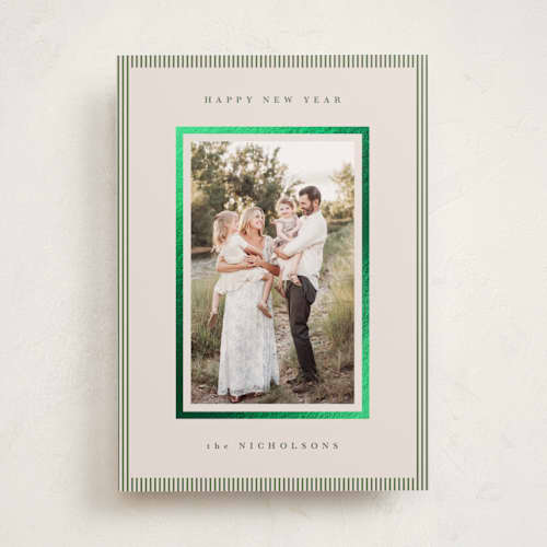 This is a cedar foil pressed holiday cards with foil pressed by Kelly Schmidt called striped border printing on recycled smooth signature in standard