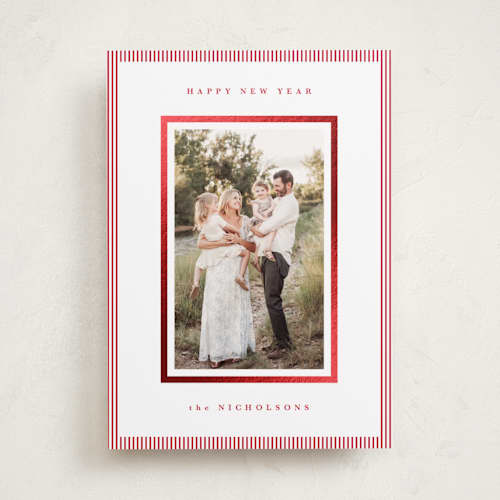 This is a berry foil pressed holiday cards with foil pressed by Kelly Schmidt called striped border printing on recycled smooth signature in standard