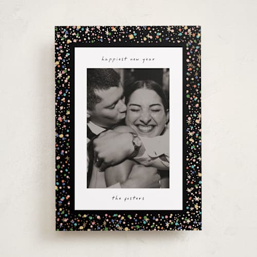 This is a popped foil pressed holiday cards with foil pressed by Pixel and Hank called confetti and sparkle printing on recycled smooth signature in standard