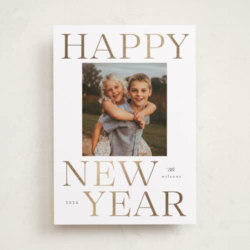 This is a snow foil pressed holiday cards with foil pressed by Kasia Labocki called lettered printing on recycled smooth signature in standard