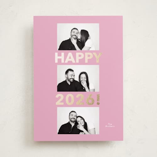 This is a candy foil pressed holiday cards with foil pressed by Angela Thompson called happy year trio printing on recycled smooth signature in standard