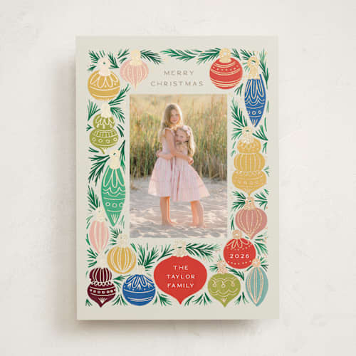 This is a sand foil pressed holiday cards with foil pressed by Alethea and Ruth called ornament tree frame printing on recycled smooth signature in standard