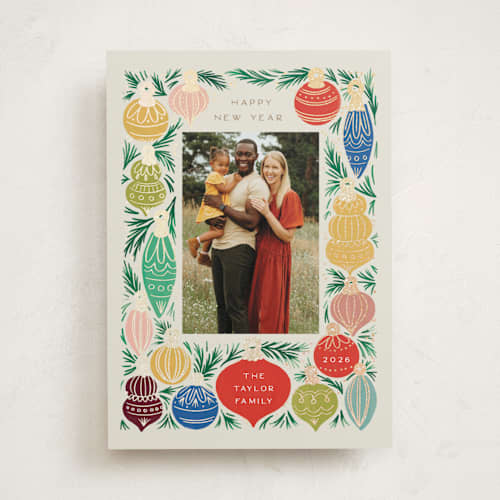 This is a sand foil pressed holiday cards with foil pressed by Alethea and Ruth called ornament tree frame printing on recycled smooth signature in standard