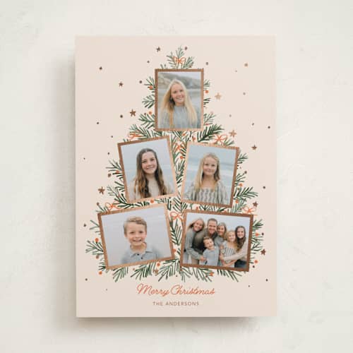 This is a pudding foil pressed holiday cards with foil pressed by Cass Loh called christmas tree collage printing on recycled smooth signature in standard