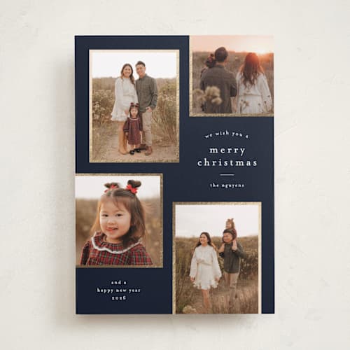 This is a navy foil pressed holiday cards with foil pressed by Stacey Meacham called simply framed printing on recycled smooth signature in standard