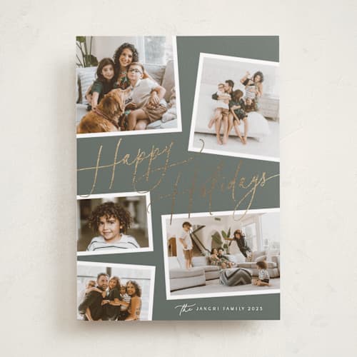 This is a sage foil pressed holiday cards with foil pressed by Melanie Severin called collage scatter printing on recycled smooth signature in standard