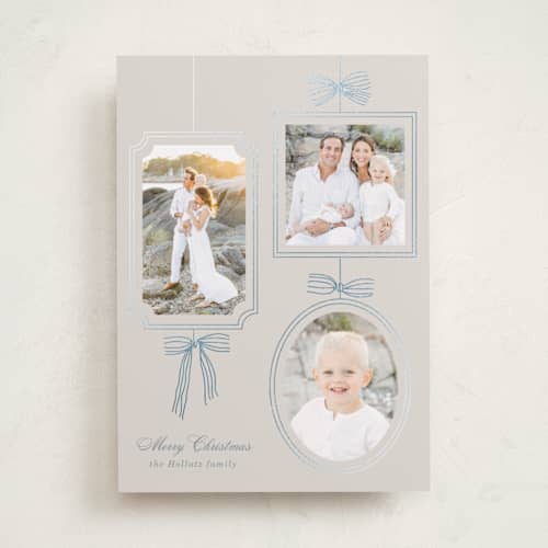 This is a champagne foil pressed holiday cards with foil pressed by Baumbirdy called bows printing on recycled smooth signature in standard