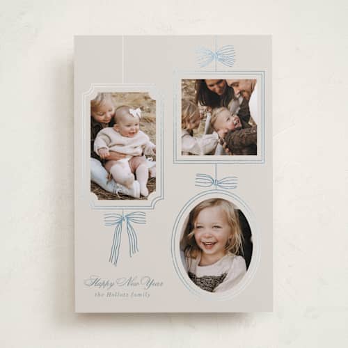 This is a champagne foil pressed holiday cards with foil pressed by Baumbirdy called bows printing on recycled smooth signature in standard