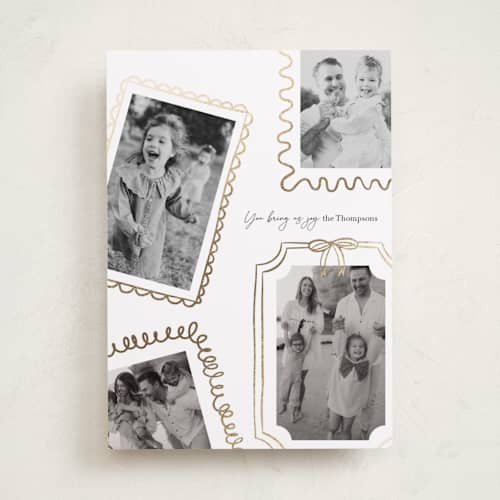 This is a snow foil pressed holiday cards with foil pressed by Joyce Pinheiro called memories framed printing on recycled smooth signature in standard