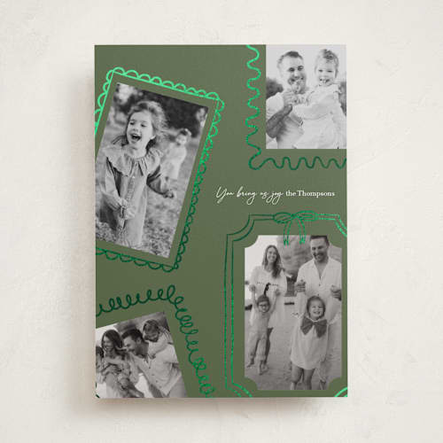 This is a juniper foil pressed holiday cards with foil pressed by Joyce Pinheiro called memories framed printing on recycled smooth signature in standard