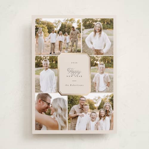 This is a eggnog foil pressed holiday cards with foil pressed by Emily Betts called six fancy printing on recycled smooth signature in standard