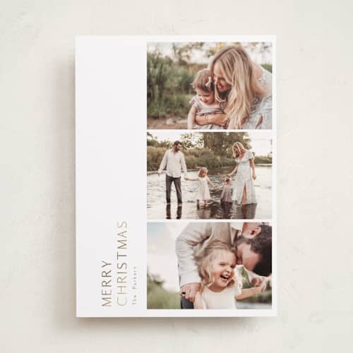 This is a snowflake foil pressed holiday cards with foil pressed by Angela Thompson called modern simplicity printing on recycled smooth signature in standard