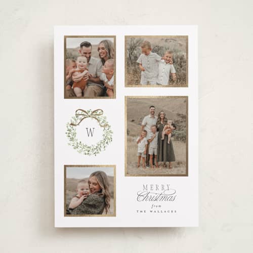 This is a marshmallow foil pressed holiday cards with foil pressed by Everett Paper Goods called wreath multi printing on recycled smooth signature in standard