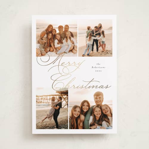 This is a snow foil pressed holiday cards with foil pressed by Emily Betts called merry four printing on recycled smooth signature in standard