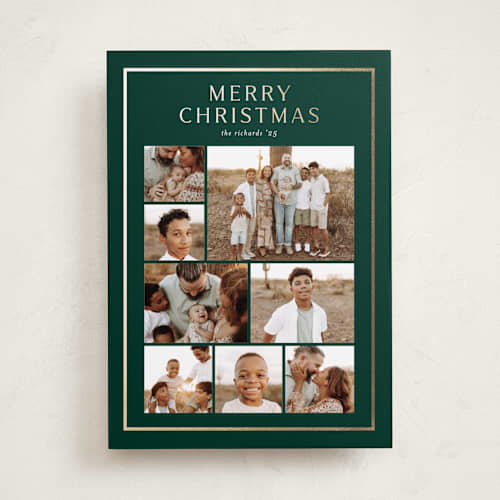 This is a pine foil pressed holiday cards with foil pressed by Stacey Meacham called christmas collage printing on recycled smooth signature in standard