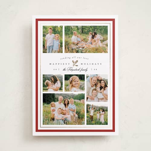 This is a santa suit foil pressed holiday cards with foil pressed by Everett Paper Goods called formal holly printing on recycled smooth signature in standard