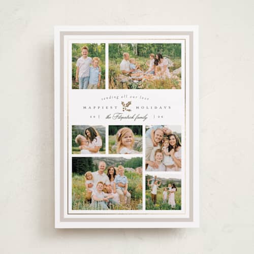This is a fog foil pressed holiday cards with foil pressed by Everett Paper Goods called formal holly printing on recycled smooth signature in standard