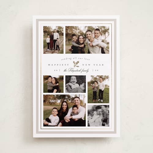 This is a fog foil pressed holiday cards with foil pressed by Everett Paper Goods called formal holly printing on recycled smooth signature in standard