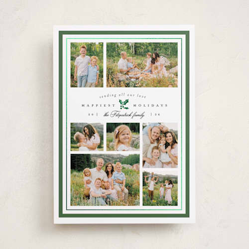 This is a spruce foil pressed holiday cards with foil pressed by Everett Paper Goods called formal holly printing on recycled smooth signature in standard