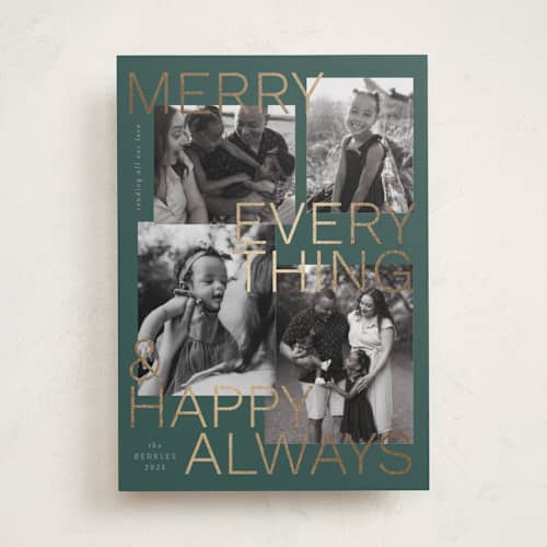 This is a evergreen foil pressed holiday cards with foil pressed by Inkblot Design called merry everything printing on recycled smooth signature in standard
