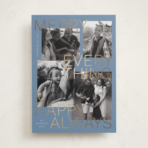 This is a winter foil pressed holiday cards with foil pressed by Inkblot Design called merry everything printing on recycled smooth signature in standard