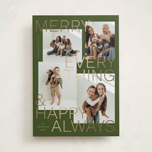 This is a olive foil pressed holiday cards with foil pressed by Inkblot Design called merry everything printing on recycled smooth signature in standard