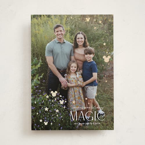 This is a mickey gloves foil pressed holiday cards with foil pressed by Danie Romrell called disney's mickey holiday magic printing on recycled smooth signature in standard
