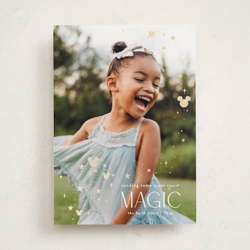 This is a mickey gloves foil pressed holiday cards with foil pressed by Danie Romrell called disney's mickey holiday magic printing on recycled smooth signature in standard