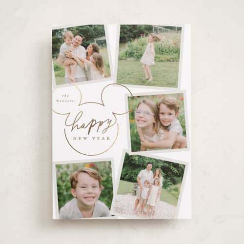 This is a snow foil pressed holiday cards with foil pressed by Everett Paper Goods called disney's mickey mouse casual script printing on recycled smooth signature in standard