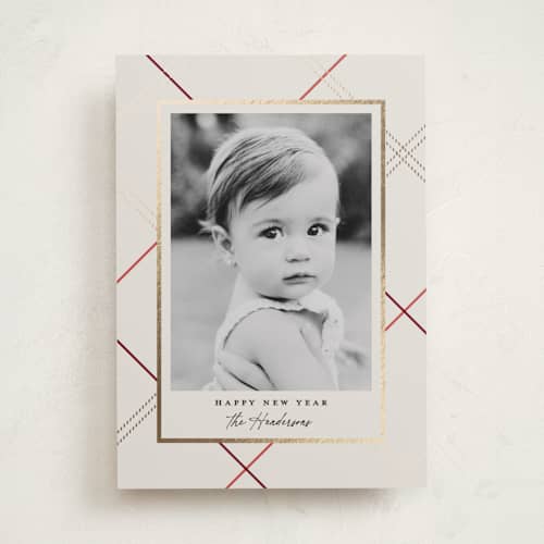 This is a eggnog foil pressed holiday cards with foil pressed by Carolyn Nicks called minimal plaid printing on recycled smooth signature in standard