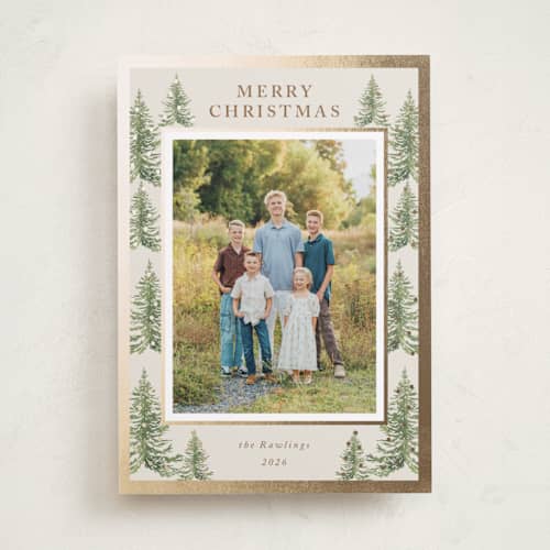 This is a toffee foil pressed holiday cards with foil pressed by Petra Kern called winter trees printing on recycled smooth signature in standard