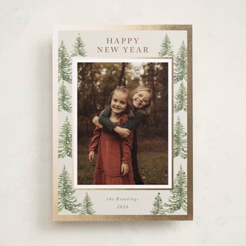 This is a toffee foil pressed holiday cards with foil pressed by Petra Kern called winter trees printing on recycled smooth signature in standard