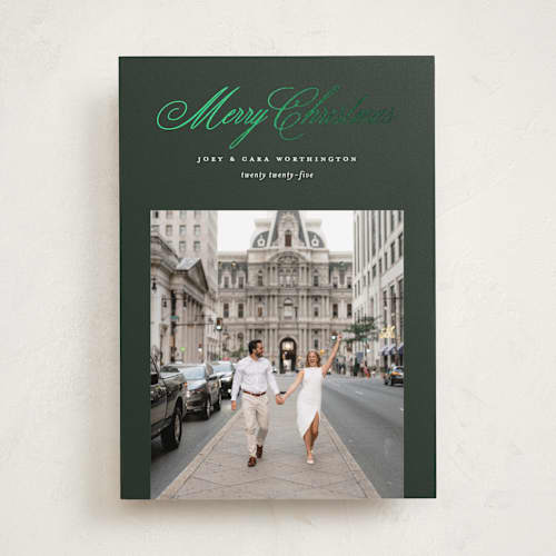 This is a evergreen foil pressed holiday cards with foil pressed by Pixel and Hank called most classic printing on recycled smooth signature in standard