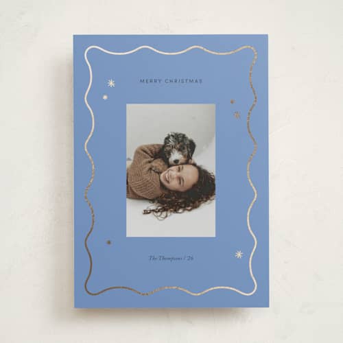 This is a blue jay foil pressed holiday cards with foil pressed by Rachel Cassel called sparkle christmas printing on recycled smooth signature in standard