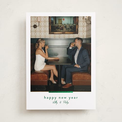 This is a evergreen foil pressed holiday cards with foil pressed by Melanie Kosuge called moderne printing on recycled smooth signature in standard