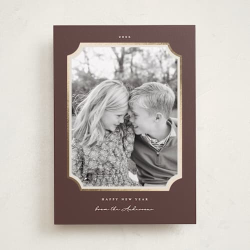 This is a pinecone foil pressed holiday cards with foil pressed by Emily Betts called classic corners printing on recycled smooth signature in standard