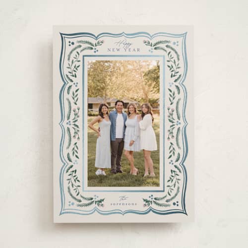 This is a sapphire foil pressed holiday cards with foil pressed by Chris Griffith called scalloped edge holiday printing on recycled smooth signature in standard