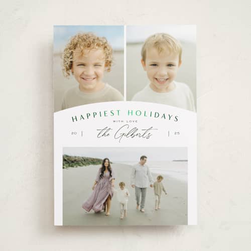 This is a pine foil pressed holiday cards with foil pressed by Michelle Taylor called modern trio printing on recycled smooth signature in standard