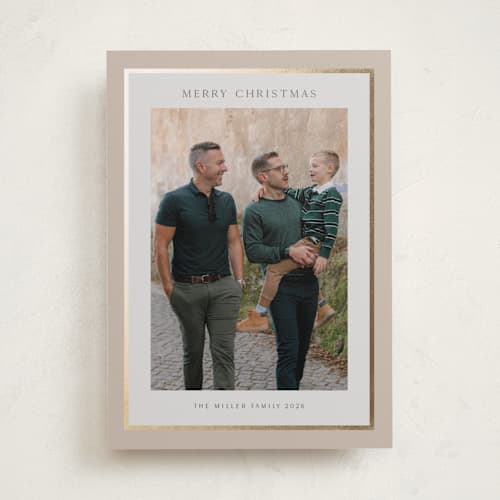 This is a crepe foil pressed holiday cards with foil pressed by Nicole Walsh called foil frame printing on recycled smooth signature in standard