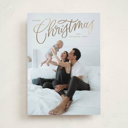 This is a champagne foil pressed holiday cards with foil pressed by Erin German called picture perfect printing on recycled smooth signature in standard