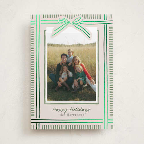 This is a moss foil pressed holiday cards with foil pressed by Chris Griffith called holiday wrap printing on recycled smooth signature in standard