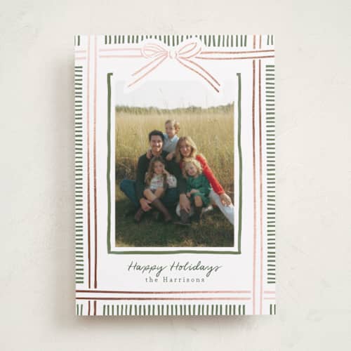 This is a pink sand foil pressed holiday cards with foil pressed by Chris Griffith called holiday wrap printing on recycled smooth signature in standard