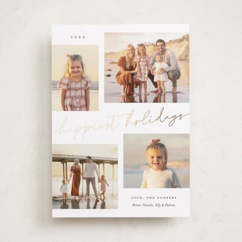 This is a snow foil pressed holiday cards with foil pressed by Sarah Curry called minimal holiday gallery printing on recycled smooth signature in standard