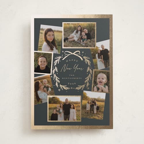 This is a chimney smoke foil pressed holiday cards with foil pressed by Petra Kern called family wreath printing on recycled smooth signature in standard