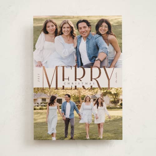 This is a snickerdoodle foil pressed holiday cards with foil pressed by Brianne Larsen called big merry printing on recycled smooth signature in standard